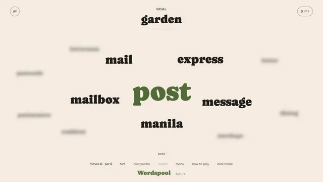 Wordspool daily puzzle with post as the current word, garden as the goal, and visible neighboring words