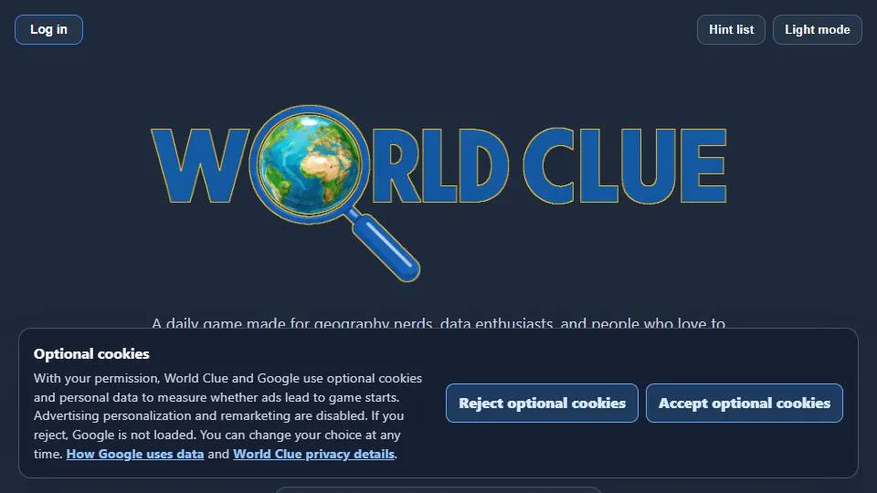 World Clue official game page captured in a desktop browser