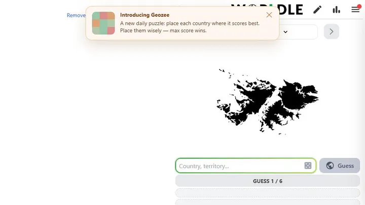 Worldle official game page captured in a desktop browser