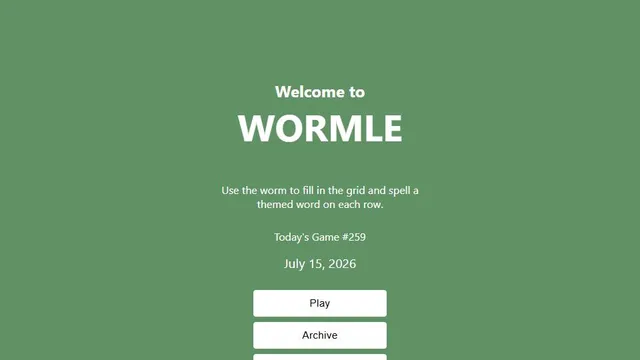 Wormle official game page captured in a desktop browser