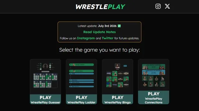 WrestlePlay official game page captured in a desktop browser